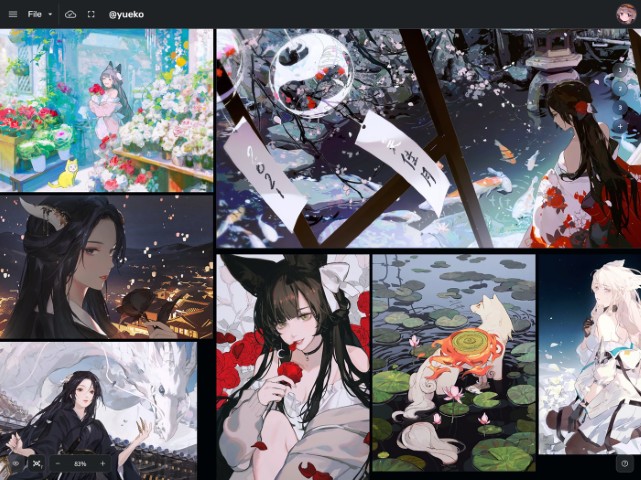 Floref tablet canvas showing a wide visual reference board, Yueko example